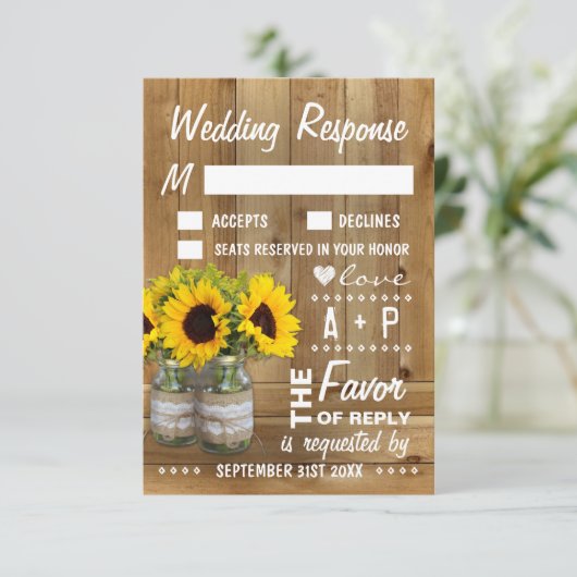 Mason Jar Burlap Kant Zonnebloem Bruiloft RSVP Kaa (Staand voorkant)