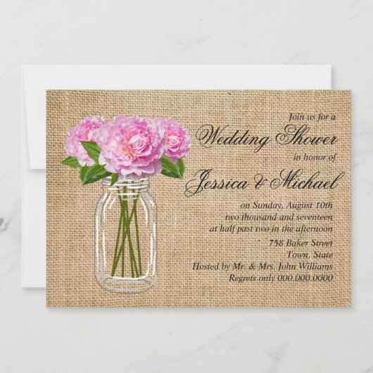 Mason Jar Burlap Peony Wedding Shower Kaart (Voorkant)