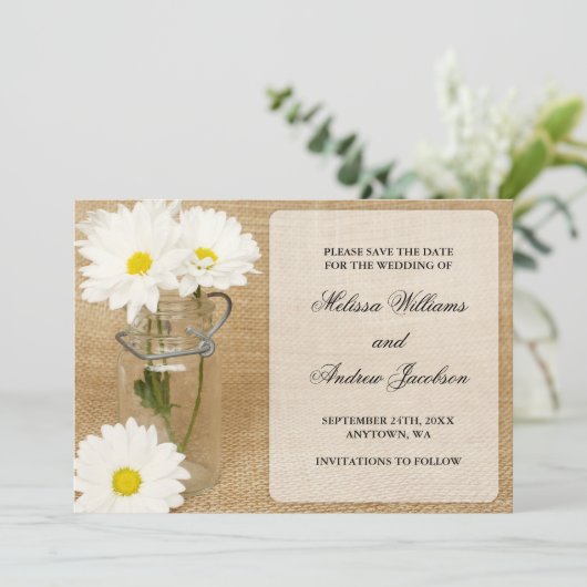 Mason Jar Burlap White Daisies Save the Date (Staand voorkant)