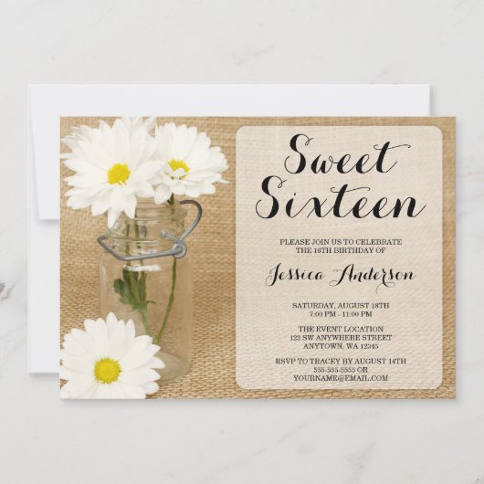 Mason Jar Burlap White Daisies Sweet 16 uitnodigin Kaart (Voorkant)
