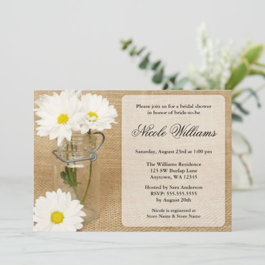 Mason Jar Burlap White Daisies Vrijgezellenfeest Kaart (Staand voorkant)