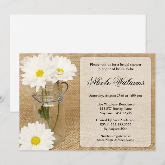 Mason Jar Burlap White Daisies Vrijgezellenfeest Kaart (Voorkant / Achterkant)