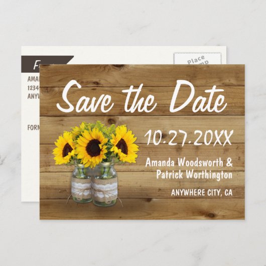 Mason Jar Burlap Zonnebloem Bruiloft Save The Date Aankondigingskaart (Voorkant / Achterkant)