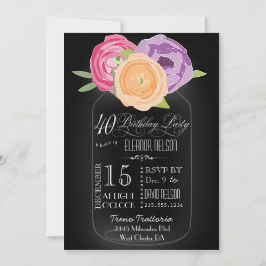 Mason Jar Chalkboard 40th Birthday Invitation Kaart (Voorkant)