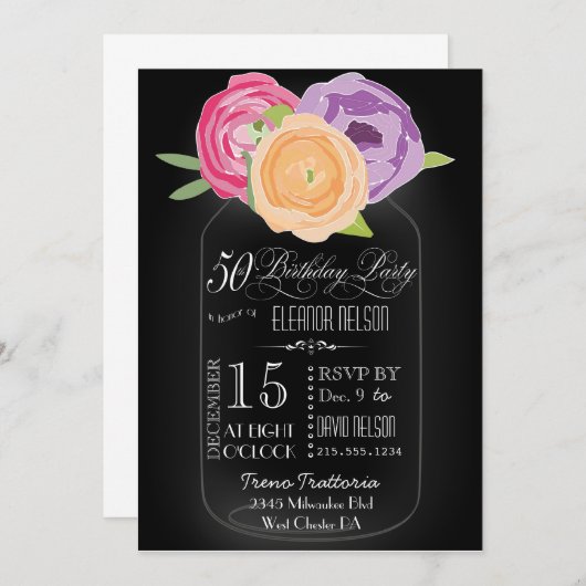 Mason Jar Chalkboard 50th Birthday Invitation Kaart (Voorkant / Achterkant)
