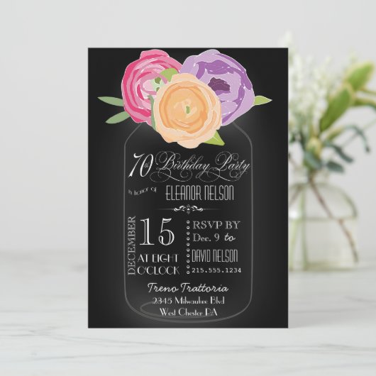 Mason Jar Chalkboard 70th Birthday Invitation Kaart (Staand voorkant)