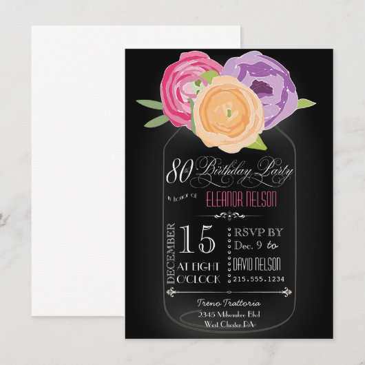 Mason Jar Chalkboard 80th Birthday Invitation Kaart (Voorkant / Achterkant)