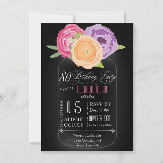 Mason Jar Chalkboard 80th Birthday Invitation Kaart (Voorkant)