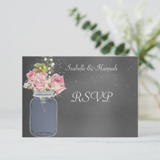 Mason Jar, Chalkboard, Lesbische bruiloft RSVP Kaa (Staand voorkant)