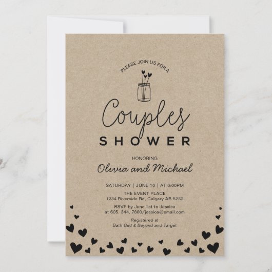 Mason Jar, Chic Kraft Black Couples Wedding Shower Kaart (Voorkant)