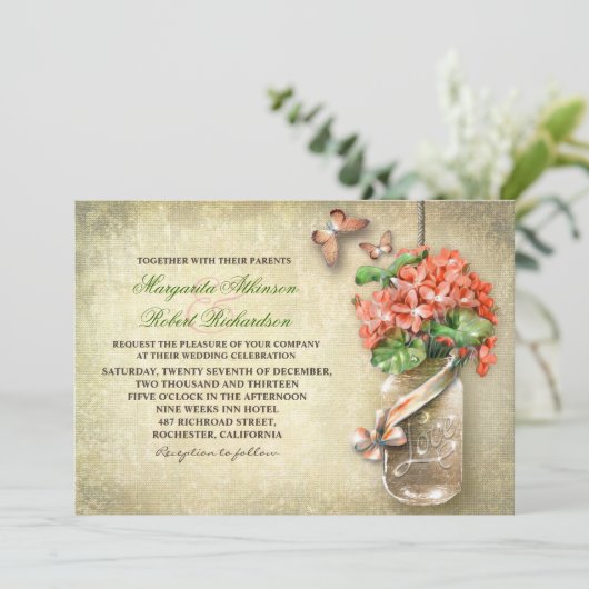 Mason Jar & Coral Flowers Rustieke bruiloft uitnod Kaart (Staand voorkant)