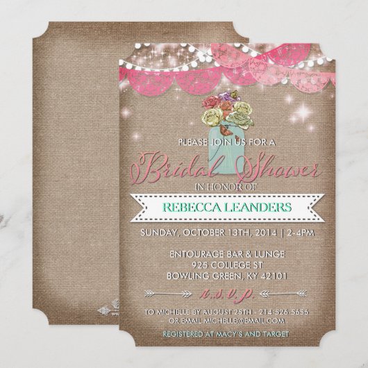 Mason Jar Country Roos Vrijgezellenfeest nodigt ui Kaart (Voorkant / Achterkant)