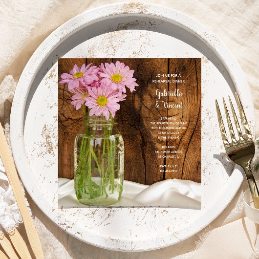 Mason Jar Daisies Country Wedding Rehearsal Dinner Kaart