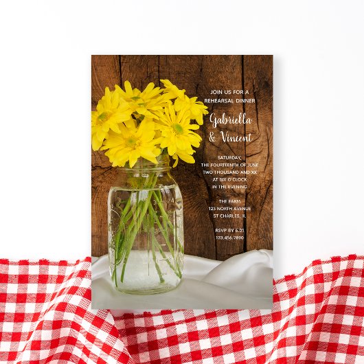 Mason Jar Daisies Country Wedding Rehearsal Dinner Kaart