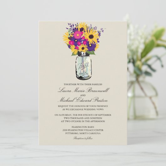 Mason Jar Daisies en Zonnebloemen Bruiloft Kaart (Staand voorkant)