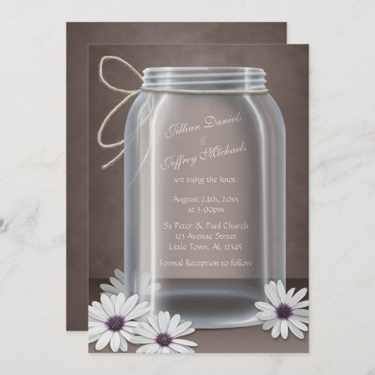 Mason Jar Daisy Bruin Bruiloft Uitnodigingen (Voorkant / Achterkant)