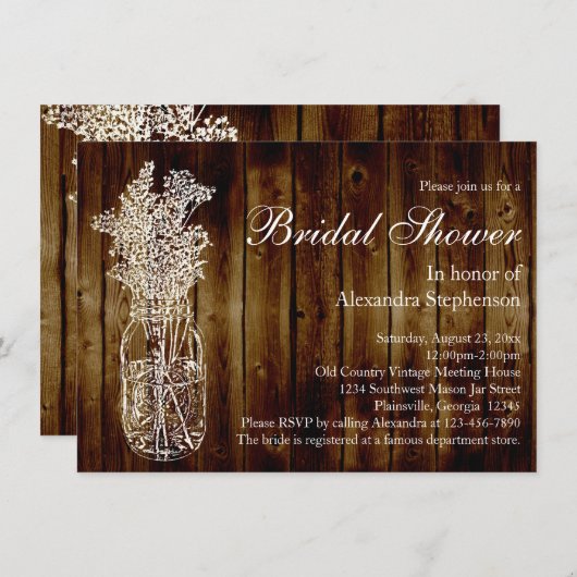 Mason Jar Dark Wood-Look Bruids Douche Uitnodiging (Voorkant / Achterkant)