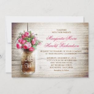 Mason jar & donkerroze bloemen bruiloft uitnodigin kaart