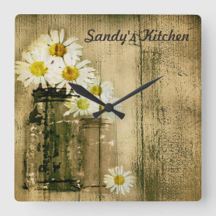 Mason Jar en Daisies Personalized Kitchen Clock Vierkante Klok