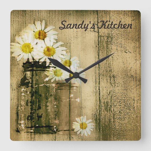 Mason Jar en Daisies Personalized Kitchen Clock Vierkante Klok (Voorkant)