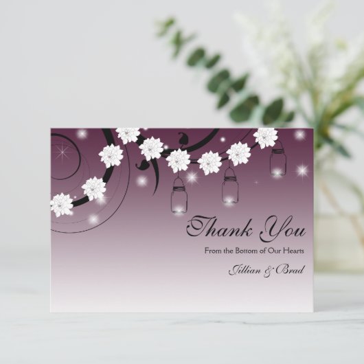 Mason Jar en Fireflies Dank je kaart - Plum (Staand voorkant)