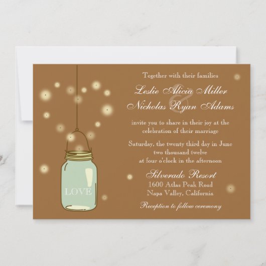 Mason Jar en Fireflies Heart Wedding Invitation Kaart (Voorkant)