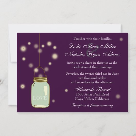 Mason Jar en Fireflies Heart Wedding Invitation Kaart (Voorkant)
