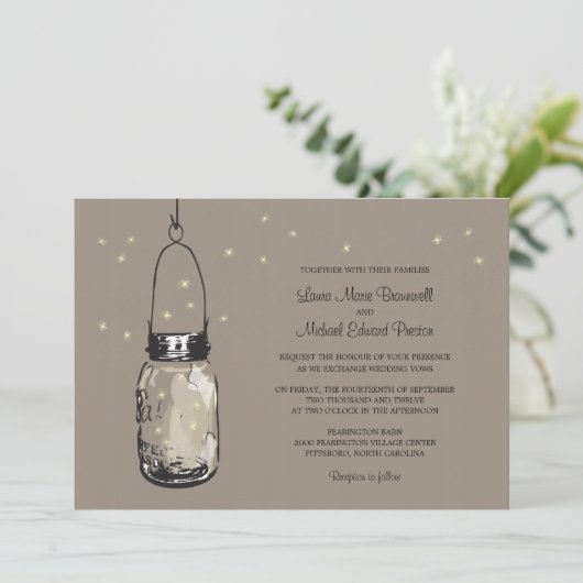Mason Jar en Fireflies Wedding Invitations Kaart (Staand voorkant)