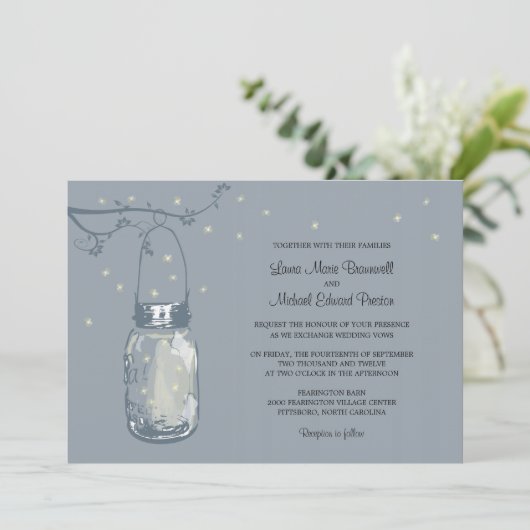 Mason Jar en Fireflies Wedding Invitations Kaart (Staand voorkant)