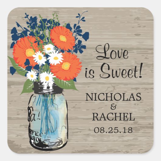 Mason Jar en Gerber Daisies Bruiloft Vierkante Sticker (Voorkant)