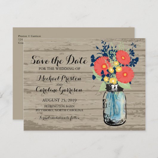 Mason Jar en Gerber Daisies redden de datum Aankondigingskaart (Voorkant / Achterkant)