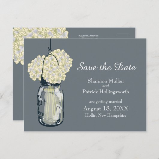 Mason Jar en Hydrangeas Bewaar de datum Aankondigingskaart (Voorkant / Achterkant)