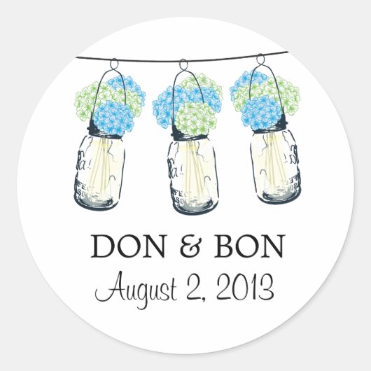 Mason Jar en Hydrangeas bruiloft Ronde Sticker (Voorkant)