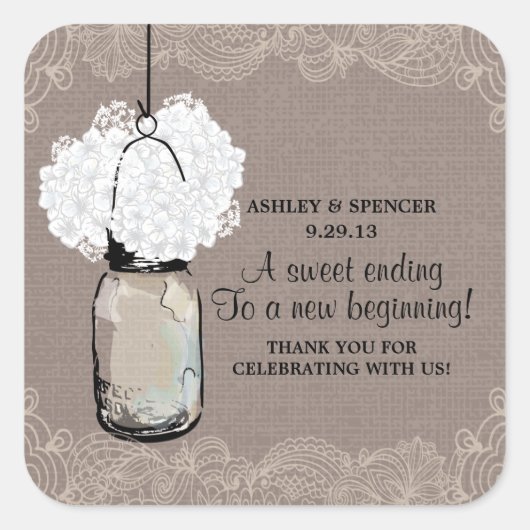  Mason Jar en Hydrangeas Vierkante Sticker (Voorkant)