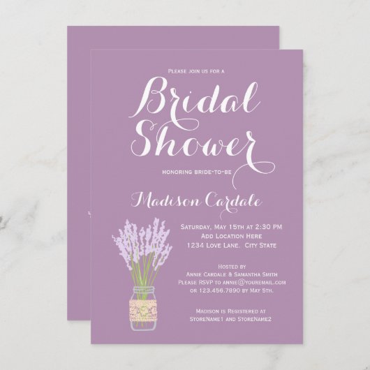 Mason Jar en Lavender Bridal Shower Invitations Kaart (Voorkant / Achterkant)