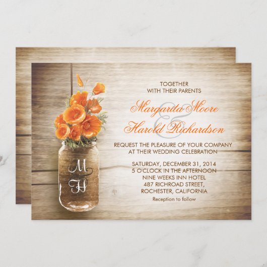 Mason jar en oranje bloemen huwelijksuitnodigingen kaart (Voorkant / Achterkant)