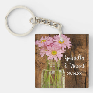 Mason Jar en Pink Daisies Country Barn Wedding Sleutelhanger