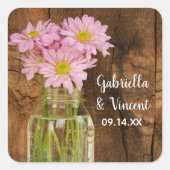 Mason Jar en Pink Daisies Country Barn Wedding Vierkante Sticker (Voorkant)