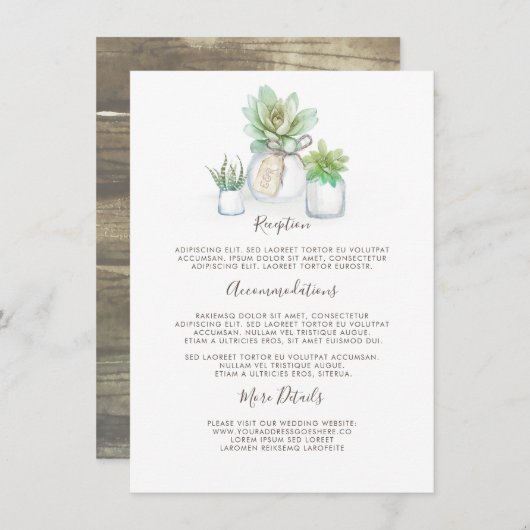 Mason Jar en Succulenten Bruiloft Informatie Gast Informatiekaartje (Voorkant / Achterkant)