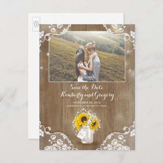 Mason Jar en Sunflower rustieke foto Bewaar de dat Aankondigingskaart (Voorkant / Achterkant)