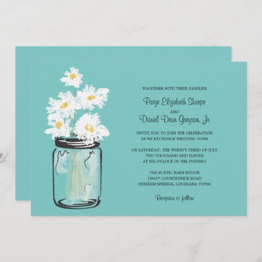 Mason Jar en White Daisies Wedding Kaart (Voorkant / Achterkant)
