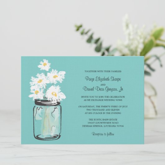 Mason Jar en White Daisies Wedding Kaart (Staand voorkant)