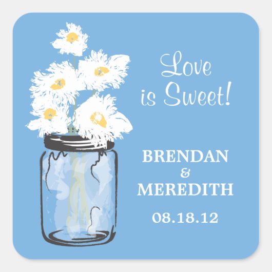 Mason Jar en White Daisies Wedding Vierkante Sticker (Voorkant)
