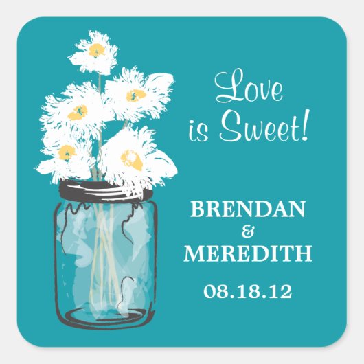 Mason Jar en White Daisies Wedding Vierkante Sticker (Voorkant)
