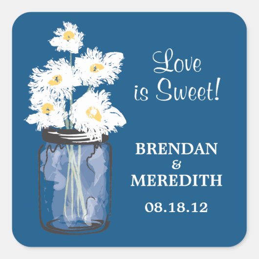 Mason Jar en White Daisies Wedding Vierkante Sticker (Voorkant)