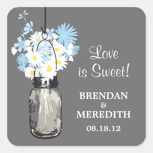 Mason Jar en White Daisies Wedding Vierkante Sticker (Voorkant)