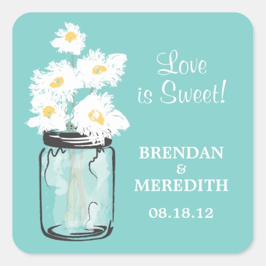 Mason Jar en White Daisies Wedding Vierkante Sticker (Voorkant)