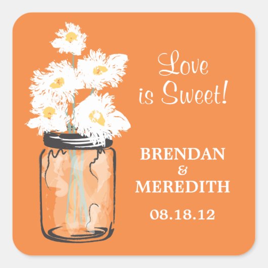 Mason Jar en White Daisies Wedding Vierkante Sticker (Voorkant)