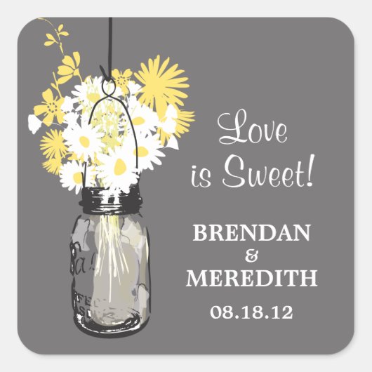 Mason Jar en White Daisies Wedding Vierkante Sticker (Voorkant)