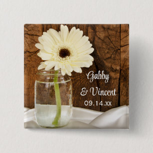 Mason Jar en White Daisy Country Barn Wedding Vierkante Button 5,1 Cm